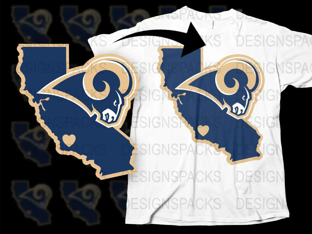 Los Angeles Rams Inspired T-Shirt with State Map Graphic, Heart Design, Sports Fan Apparel