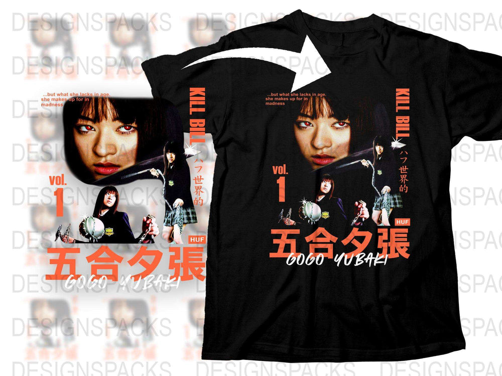 Kill Bill Vol. 1 Movie Graphic T-Shirt, Vintage Black Tee, Japanese Text, Uma Thurman Print