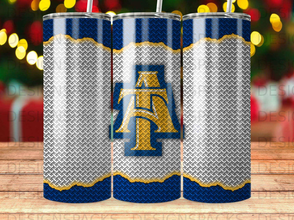 Blue and gold ATU logo on a diamond plate textured tumbler.
