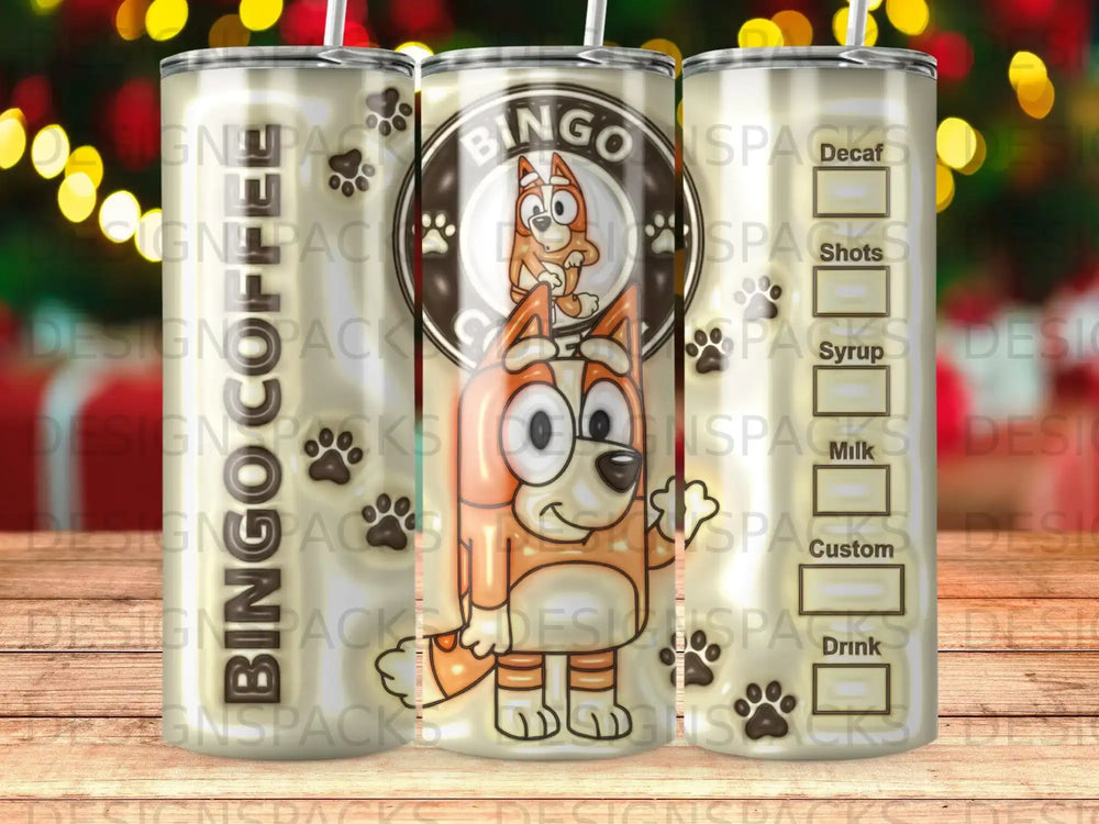 Bluey character on a Bingo Bongo tumbler with coffee drink labels.