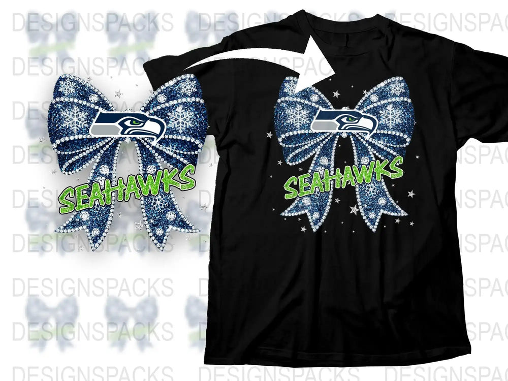 Seattle Seahawks Inspired Rhinestone Bow T-Shirt, Sparkly Team Fan Apparel, Trendy Sports Themed Casual Wear