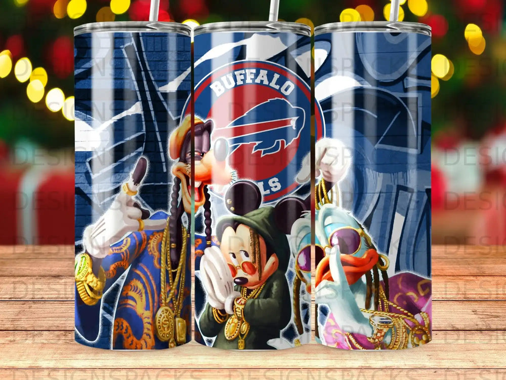 Mickey Mouse and Donald Duck as Buffalo Bills fans with a cartoon gangster.