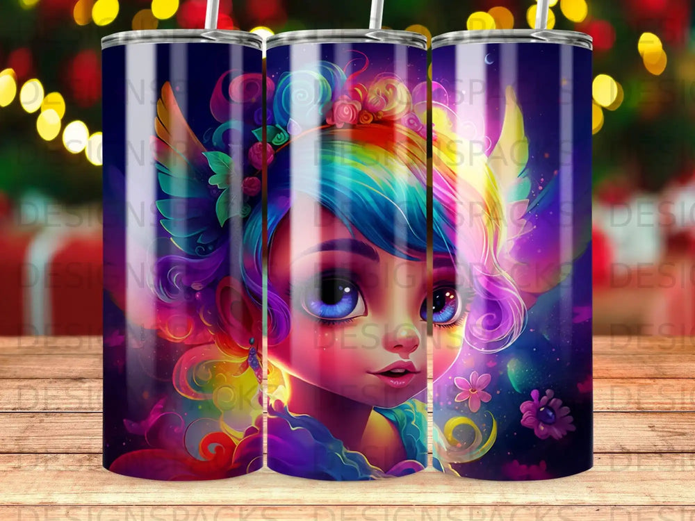 Fantasy girl with rainbow hair and blue eyes, wings, and floral accents.