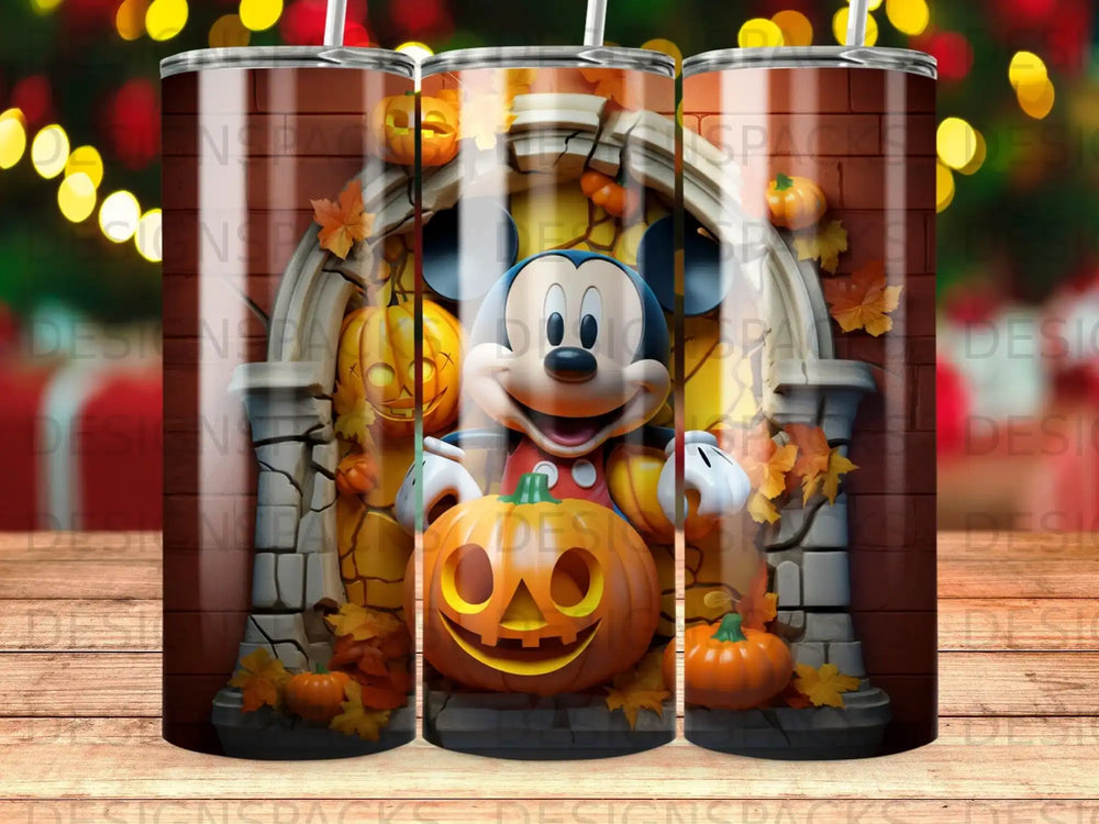 Mickey Mouse holding a carved pumpkin with Halloween decorations.