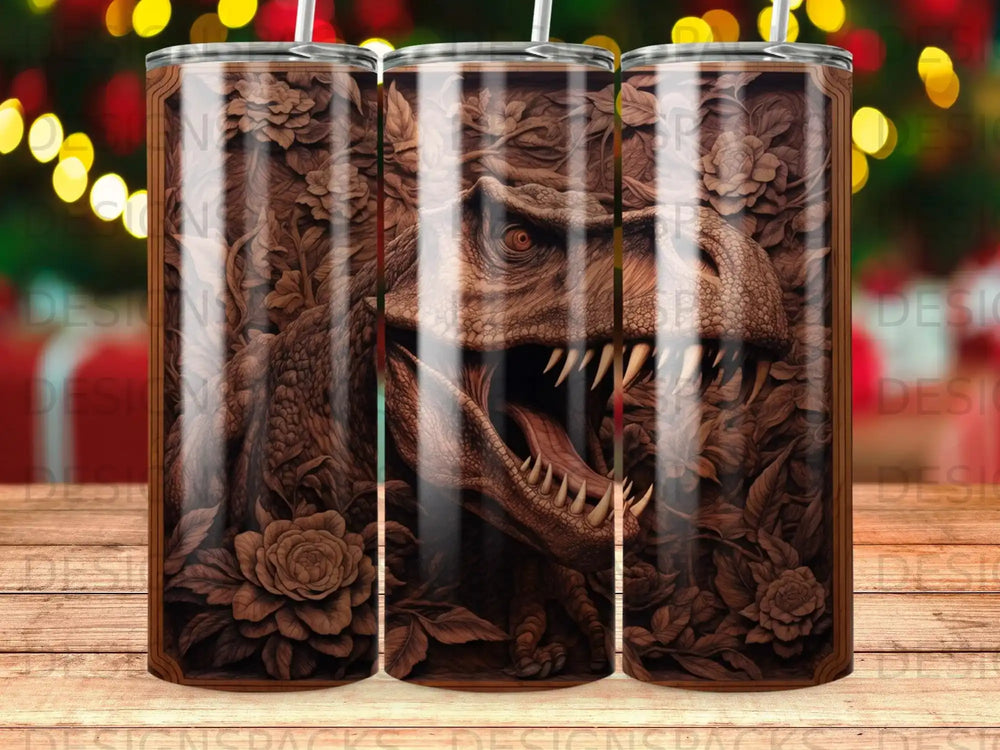 Close-up of a brown dinosaur head with sharp teeth amidst dark floral and wood textures.
