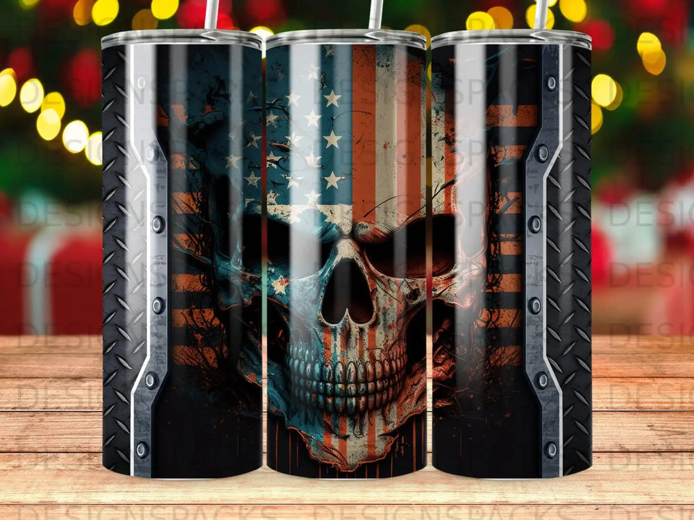 Skull with American flag pattern and diamond plate accents.