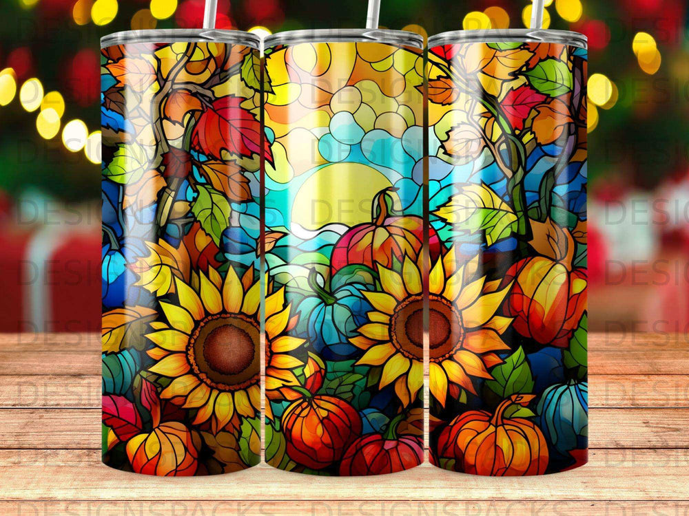 Autumn pumpkins and sunflowers on a stained-glass style tumbler.