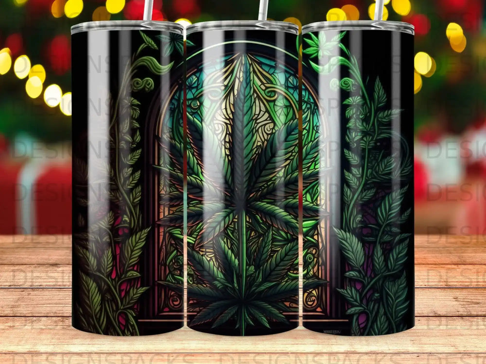 Triptych of tumblers featuring a large cannabis leaf against a stained-glass window.