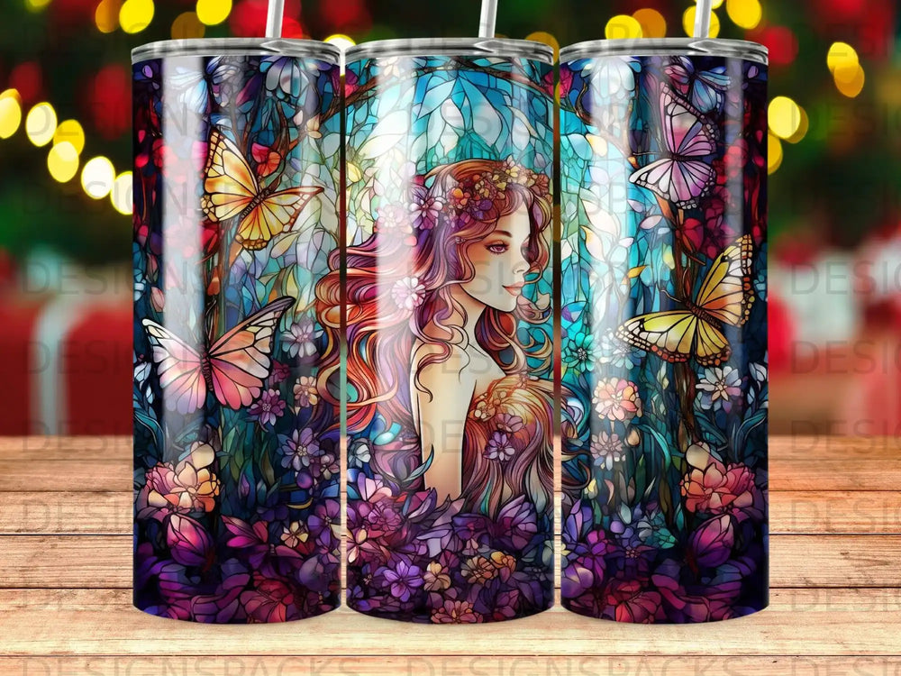 Stained glass-style illustration of woman with long hair surrounded by flowers and butterflies.