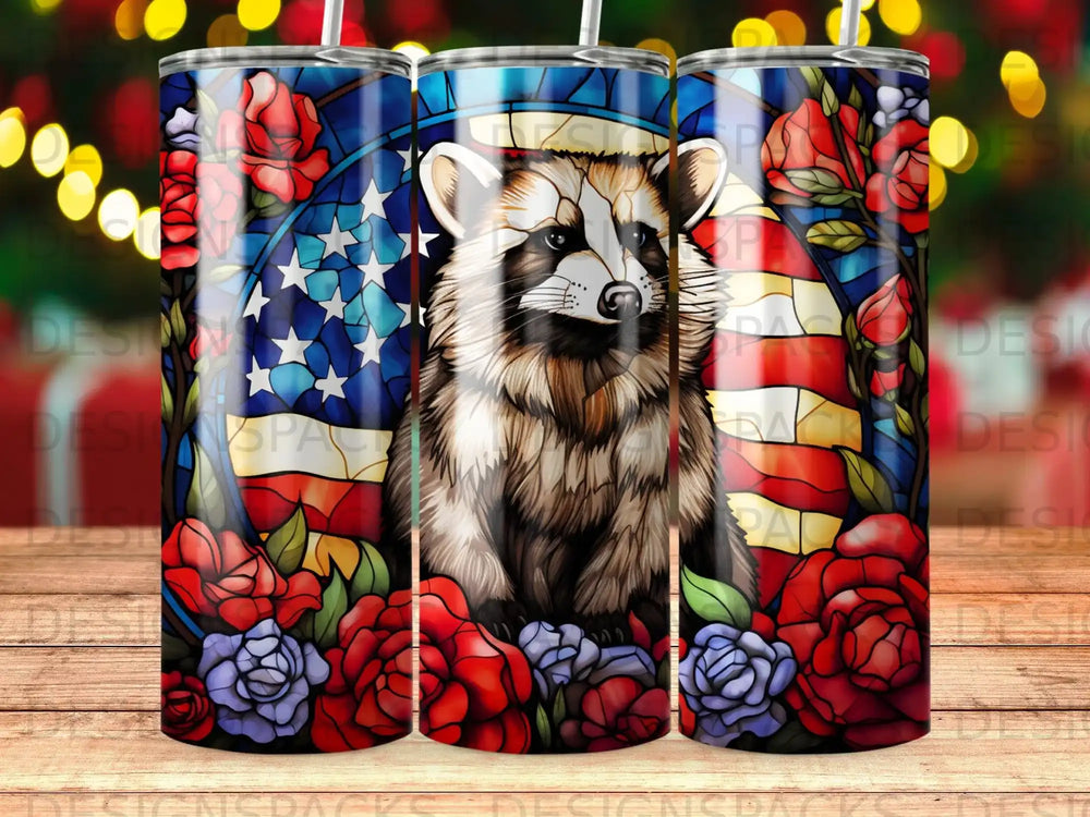American flag stained glass with raccoon and red and purple roses.