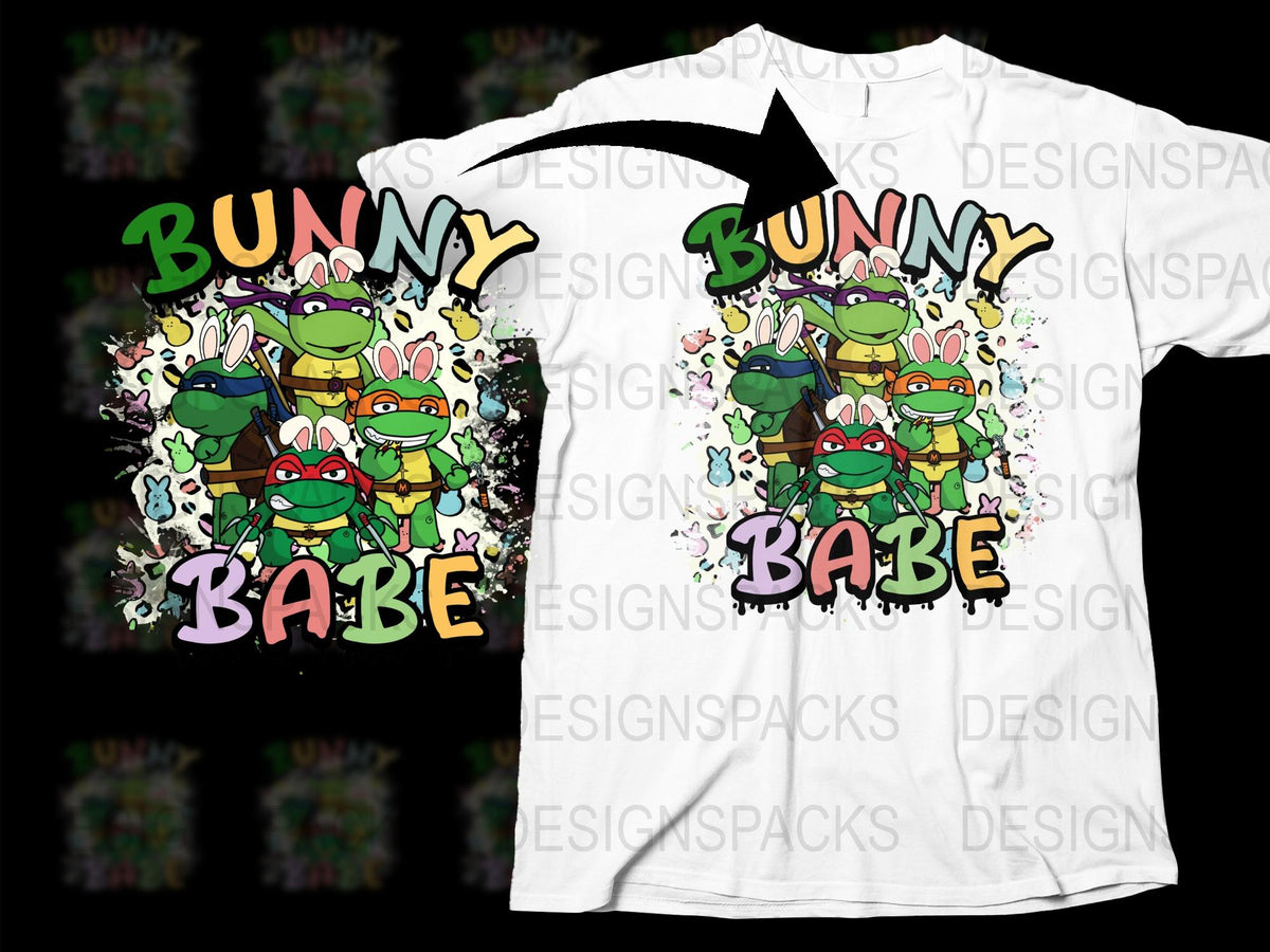Bunny Babe Cartoon Turtles Graphic T-Shirt, Colorful Teenage Animal Design, Unisex Casual Tee