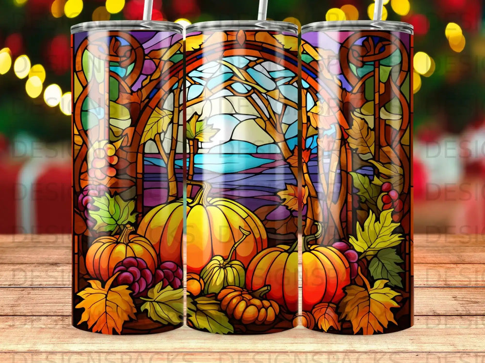 Fall harvest pumpkins and leaves stained glass pattern tumbler.