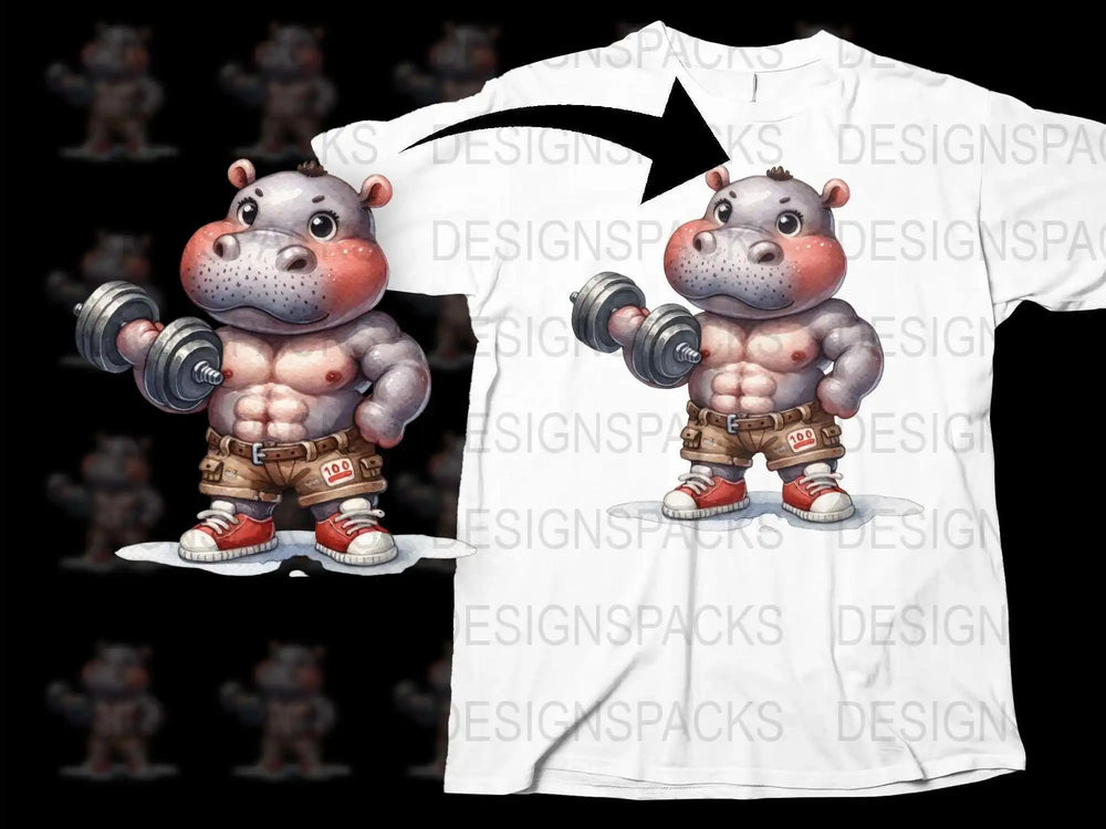 Kids Cartoon Hippo Weightlifter T-Shirt, Funny Animal Gym Shirt, Cute Workout Tee for Children