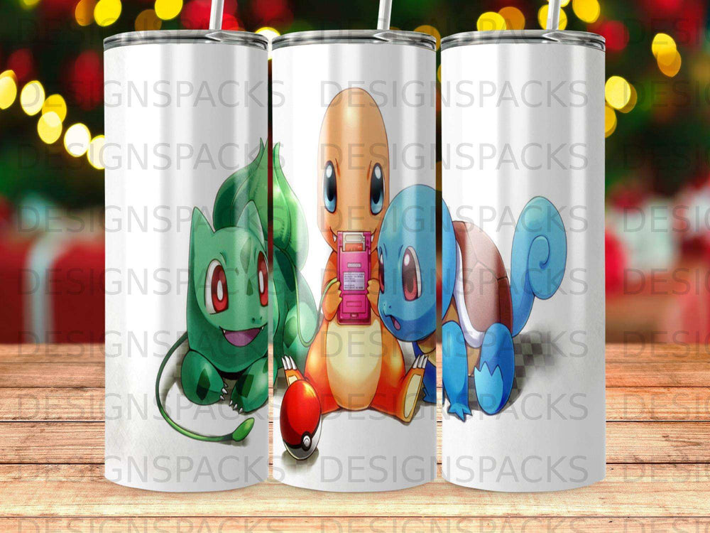Three Pokemon characters, Bulbasaur, Charmander, and Squirtle, sitting.