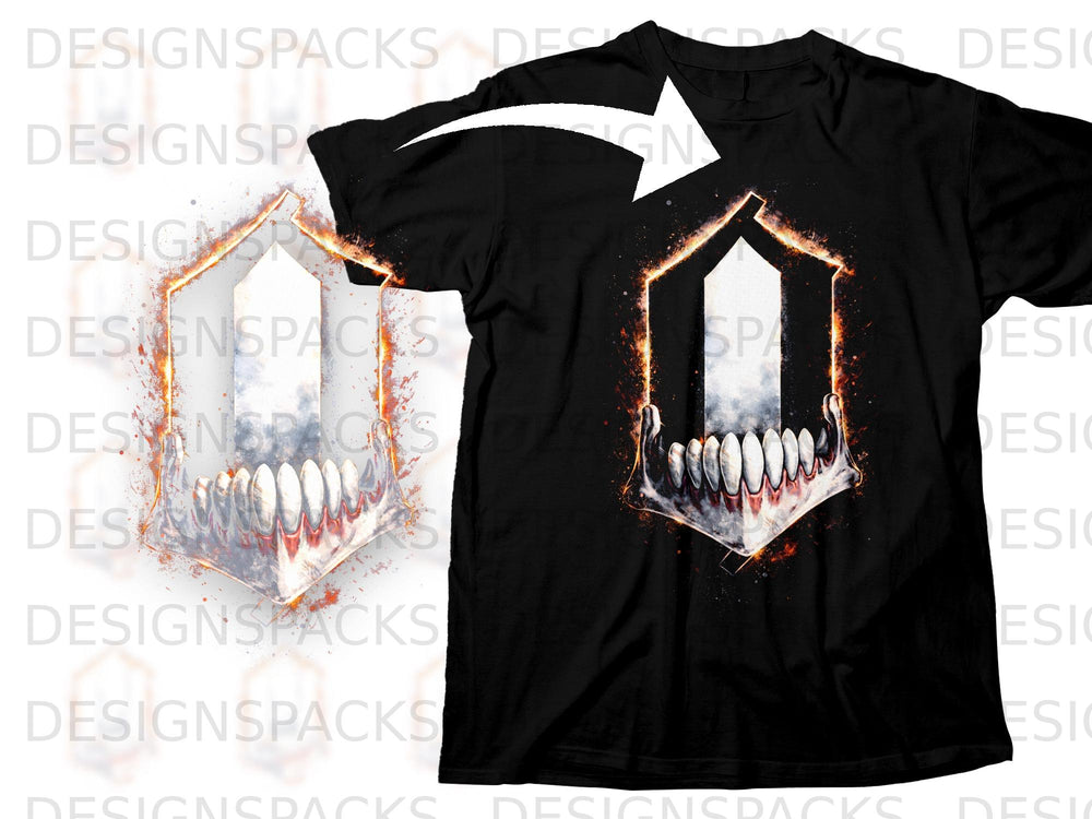 Black t-shirt with a graphic of flaming fangs within a hexagonal frame.
