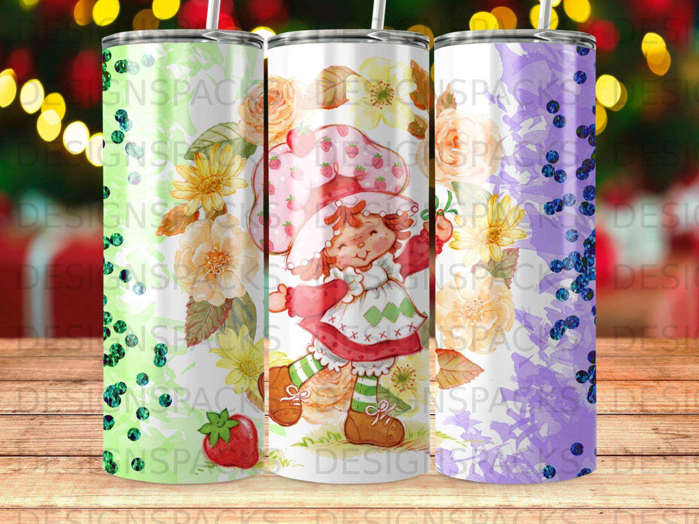 Three tumblers: Strawberry Shortcake character, floral, and glitter patterns.