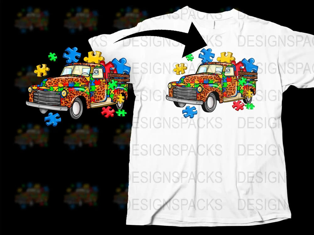 Colorful Puzzle Piece Vintage Truck Graphic T-Shirt, Autism Awareness Apparel, Unisex Casual Tee