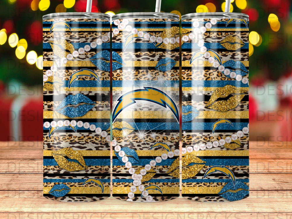 Gold glitter lips, leopard print, and Chargers logo on a sparkly tumbler.