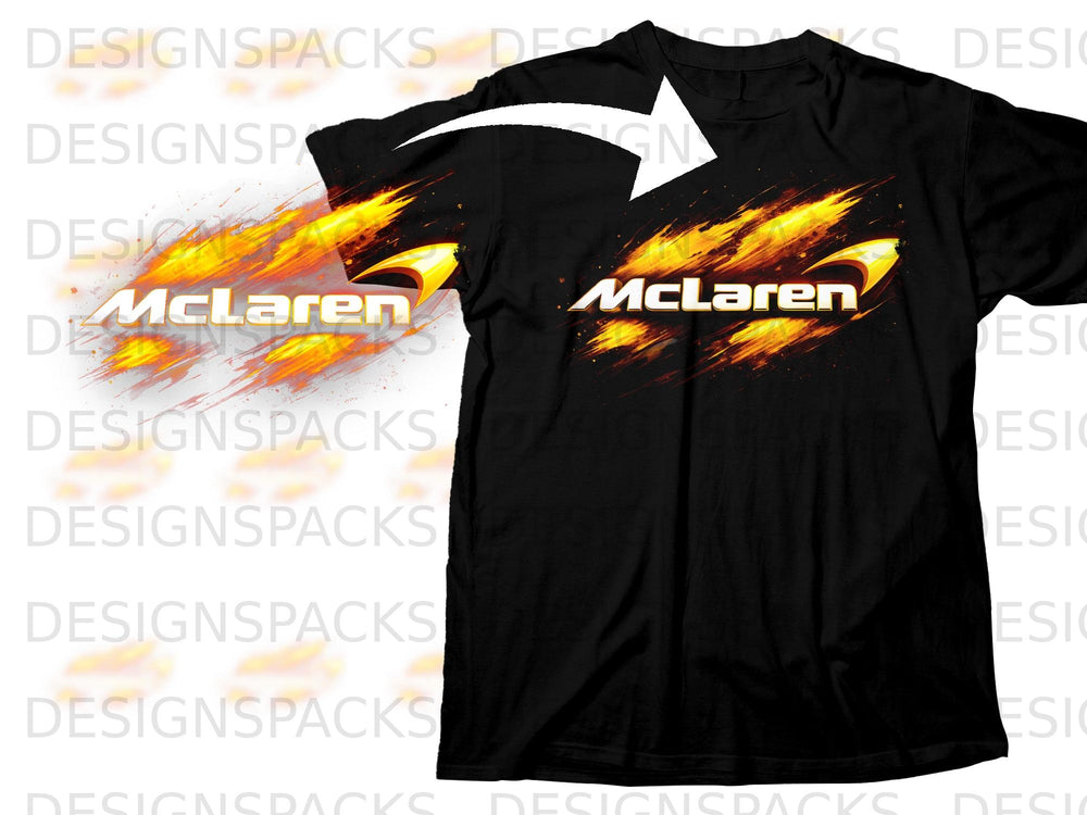 Black t-shirt with a fiery McLaren logo and abstract design on the front.