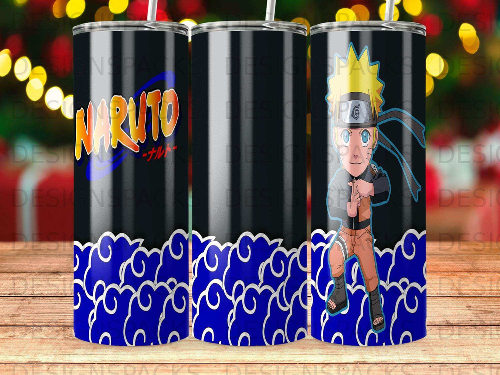 Naruto character with Konoha symbol and blue cloud pattern on a black tumbler.