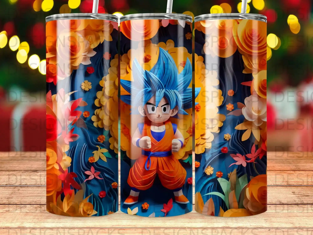 Goku in orange gi with blue spiky hair, surrounded by autumn leaves and flowers.