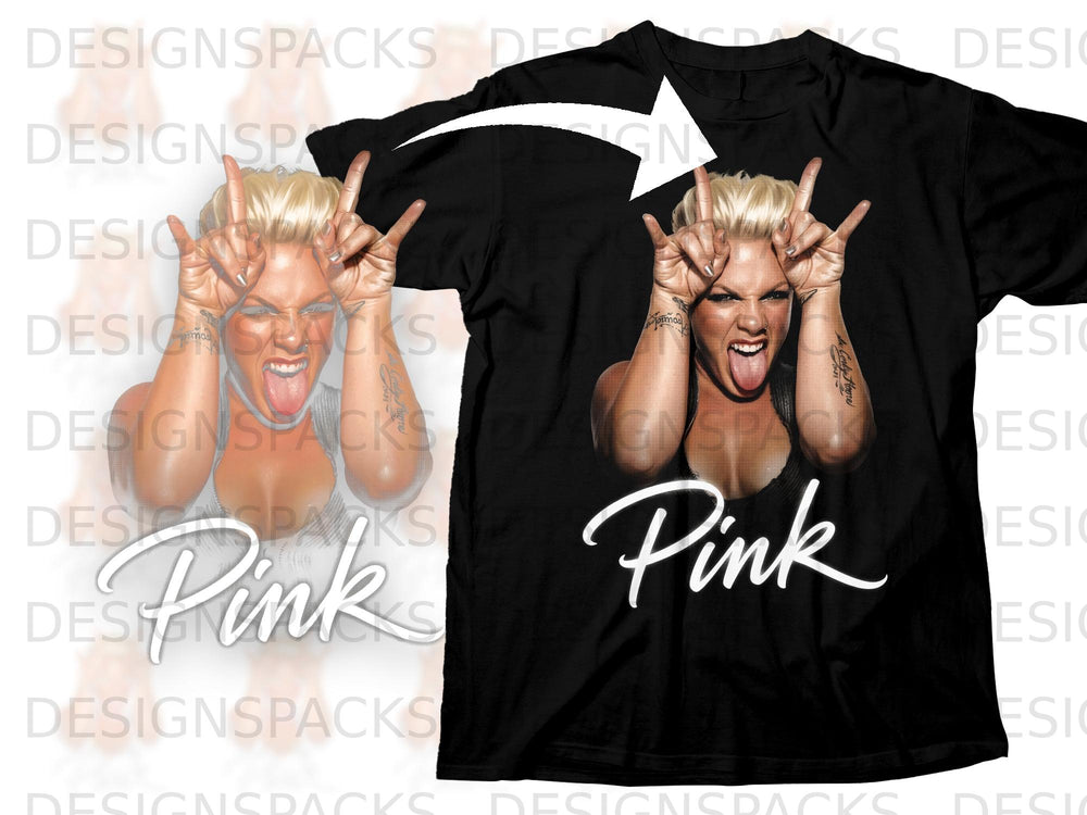 Black t-shirt with singer Pink sticking out her tongue and making rock-on hand gestures.