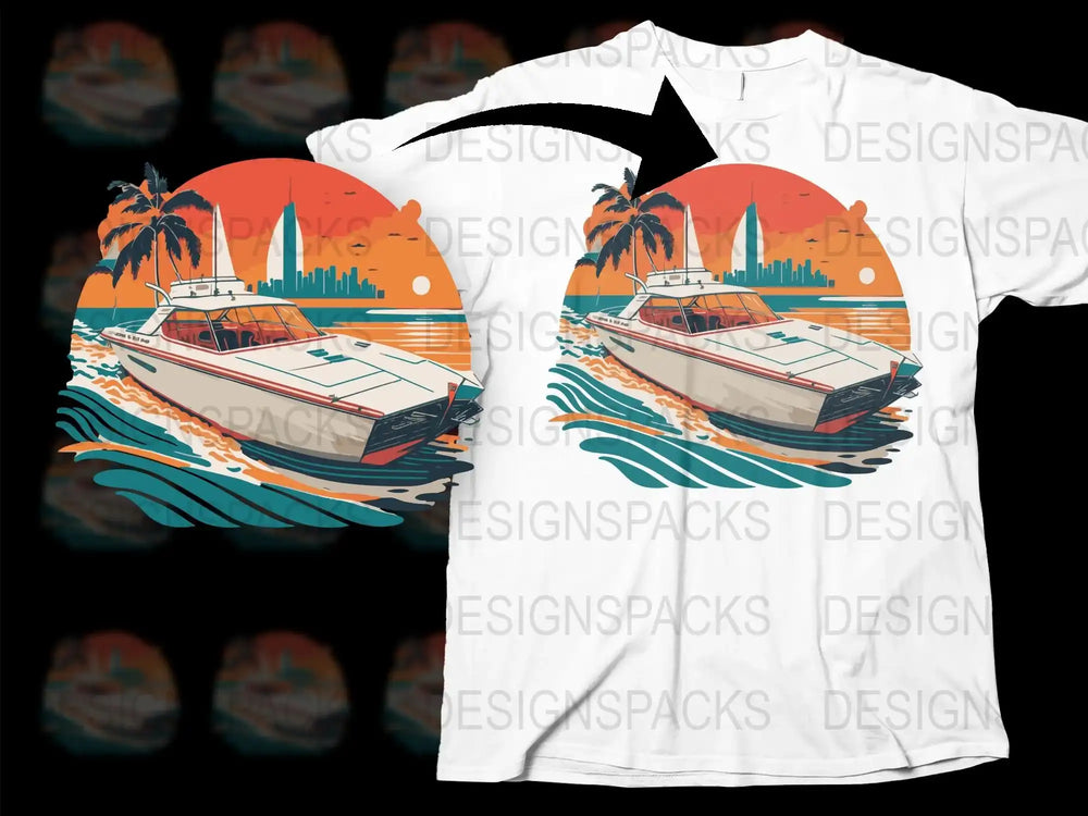 Tropical Boat Graphic T-Shirt, Retro Sunset Palm Trees Design, Casual Summer Apparel, Unisex Fashion Top