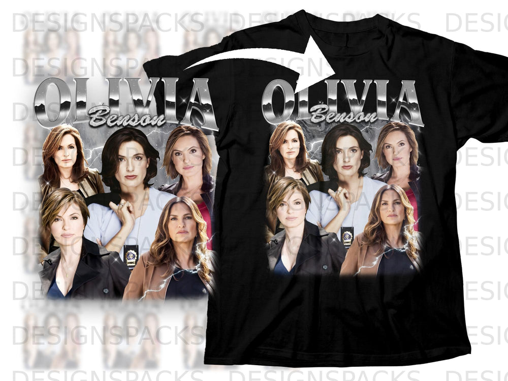Black t-shirt featuring "OLIVIA Benson" in chrome text with portraits of Mariska Hargitay.