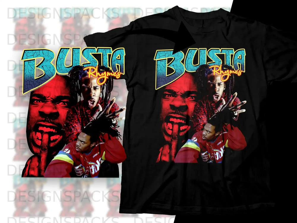 Busta Rhymes graphic t-shirt with text and artist portrait.