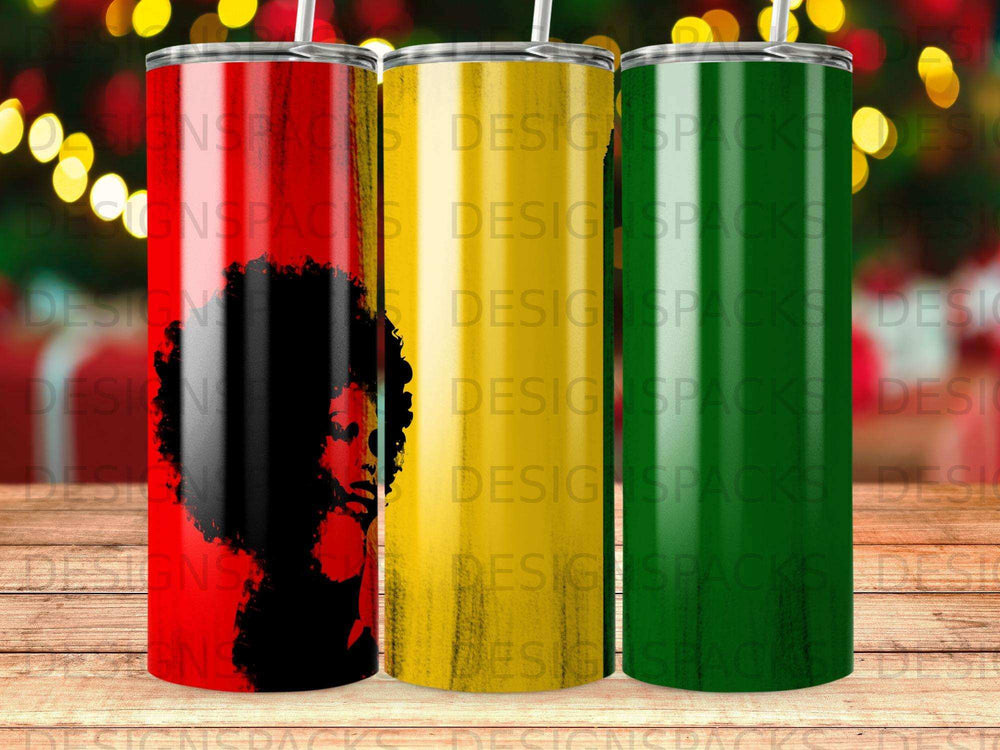 Three tumblers with African American woman silhouette and vibrant colors.