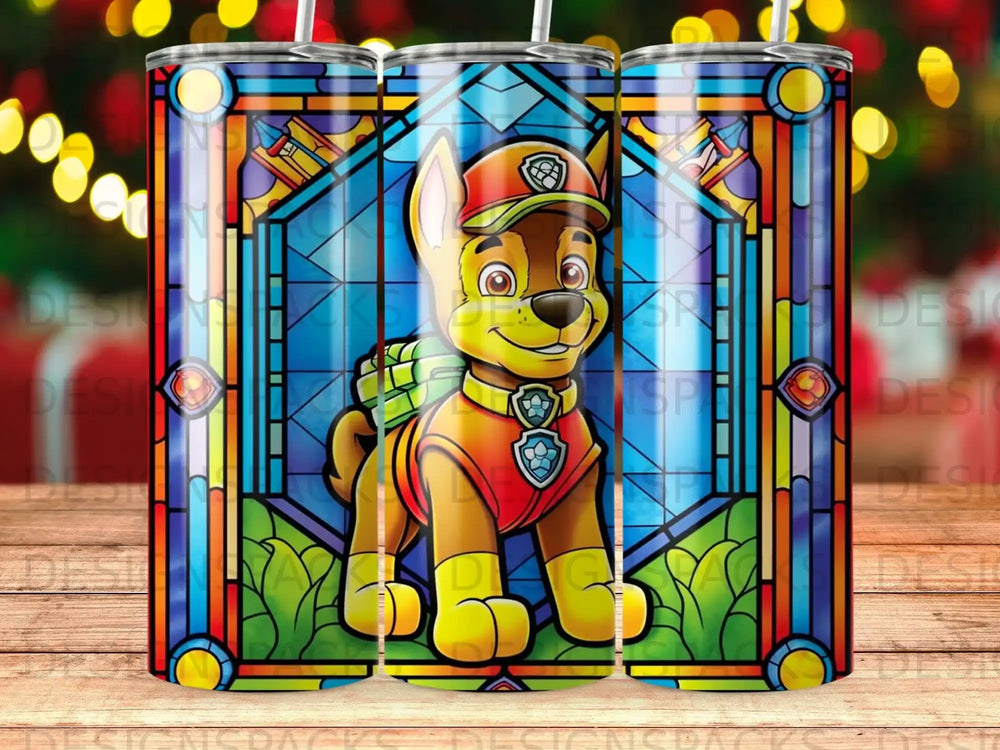 Paw Patrol's Chase in stained glass pattern on a tumbler.