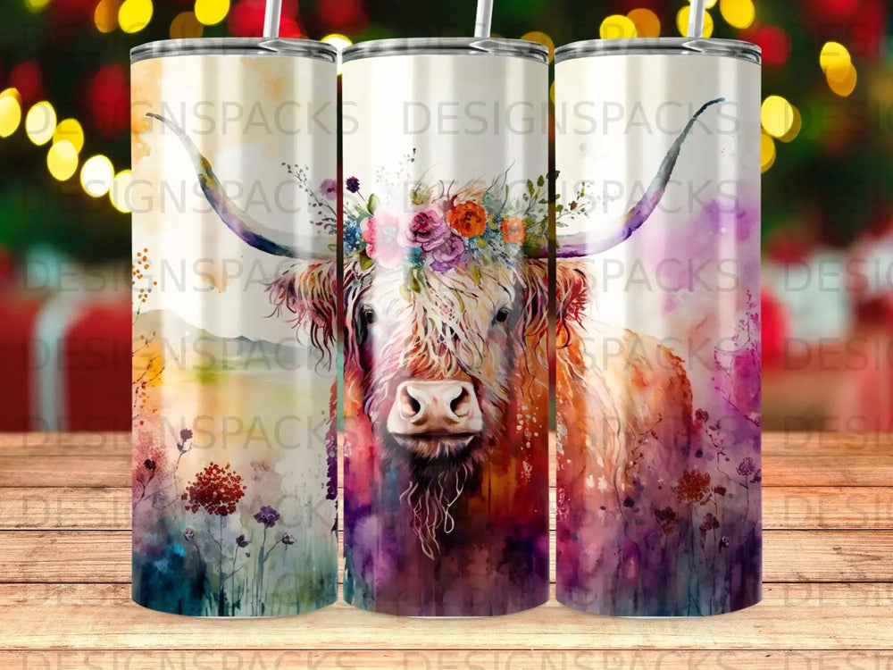 Highland cow with floral headdress on a watercolor background, tumbler wrap.