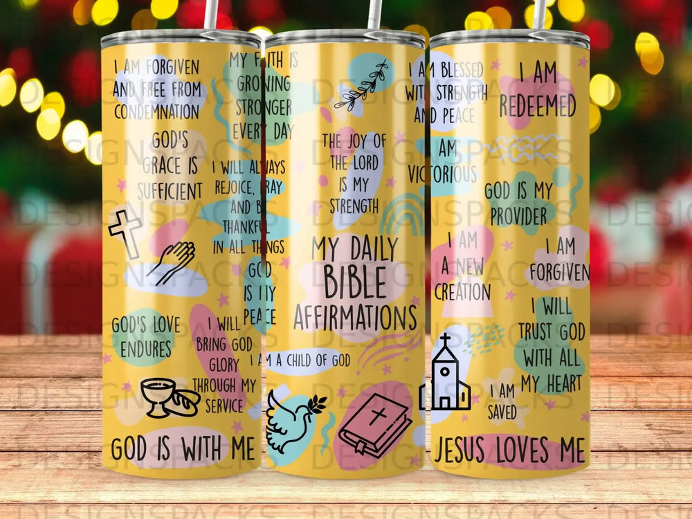 Bible page with affirmations and scripture in colorful, decorative lettering.