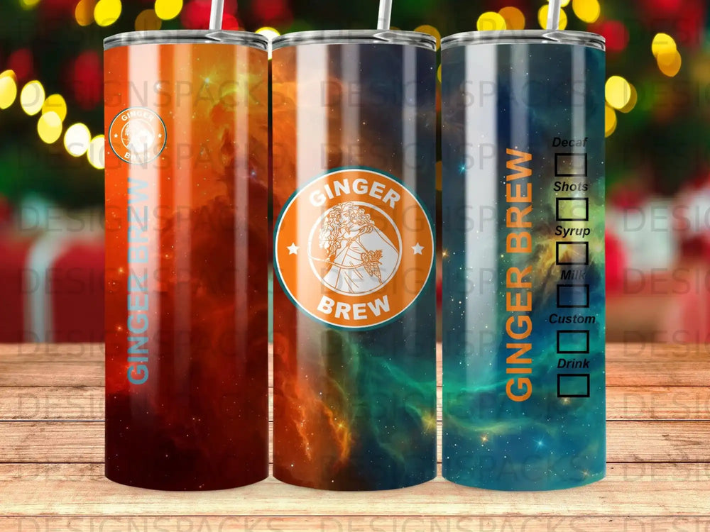 Three tumblers with galaxy designs and "Ginger Brew" text.