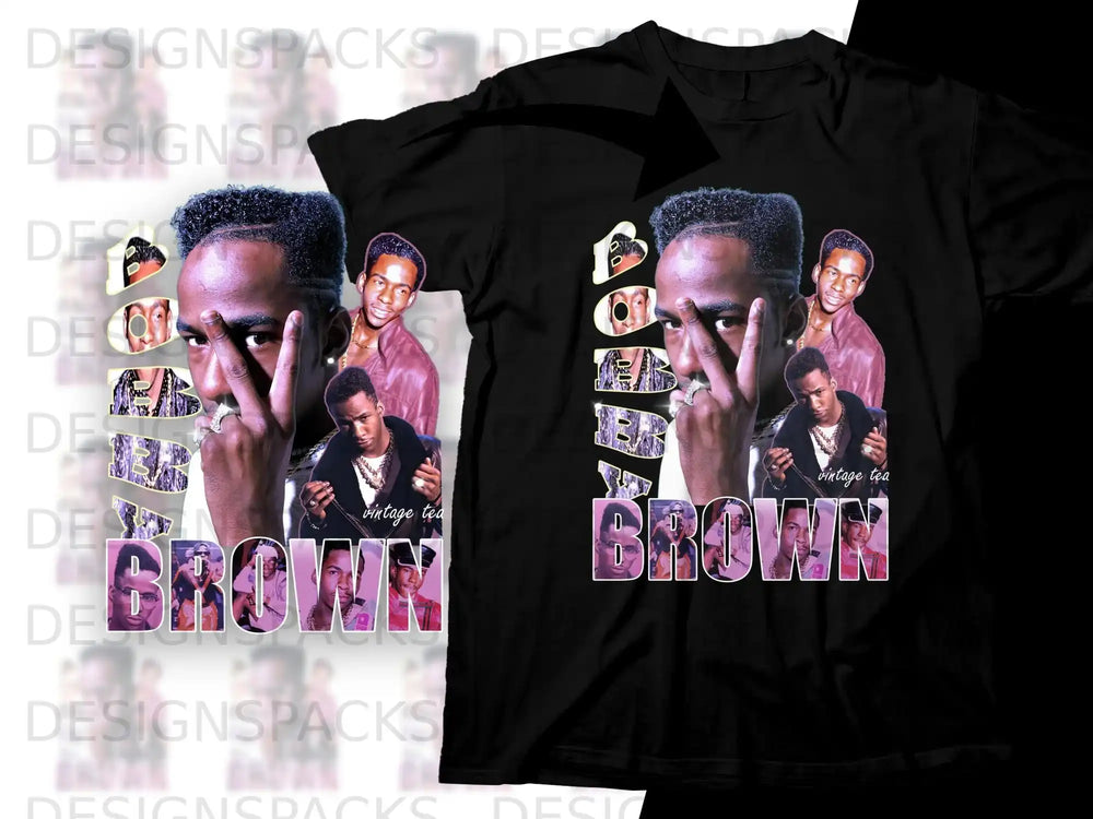 Black t-shirt with graphic of Bobby Brown and "vintage tea" text.