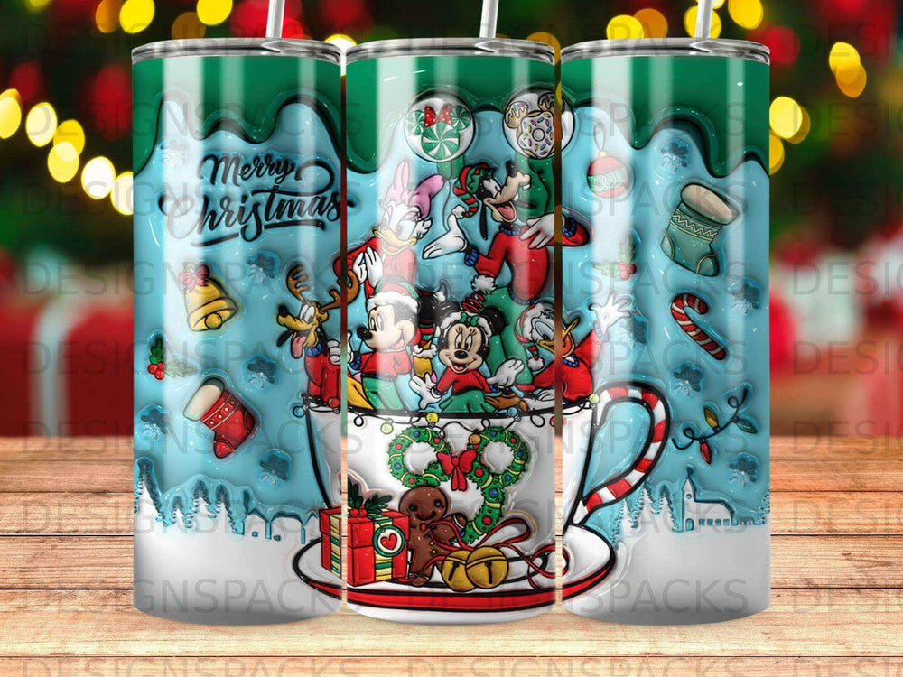 Christmas scene with Disney characters in a mug.