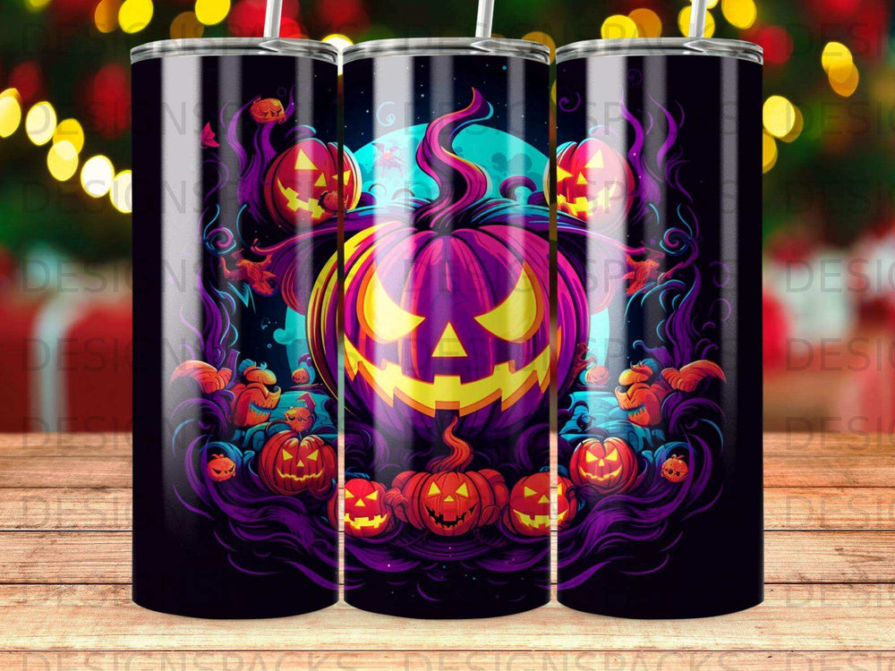 Spooky Halloween pumpkins and bats in a dark, vibrant design with a full moon.