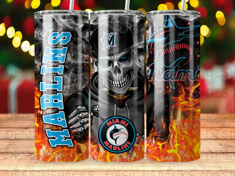Miami Marlins tumbler with fiery skull and team logo.