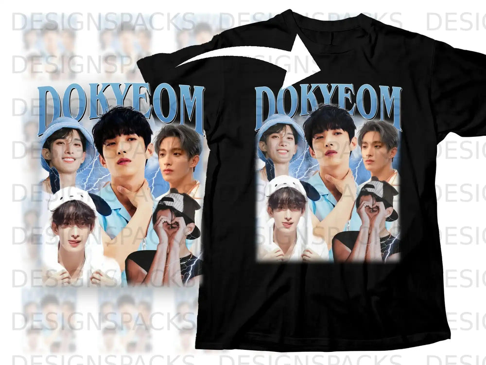 Black t-shirt with a collage of four K-pop idols in streetwear.