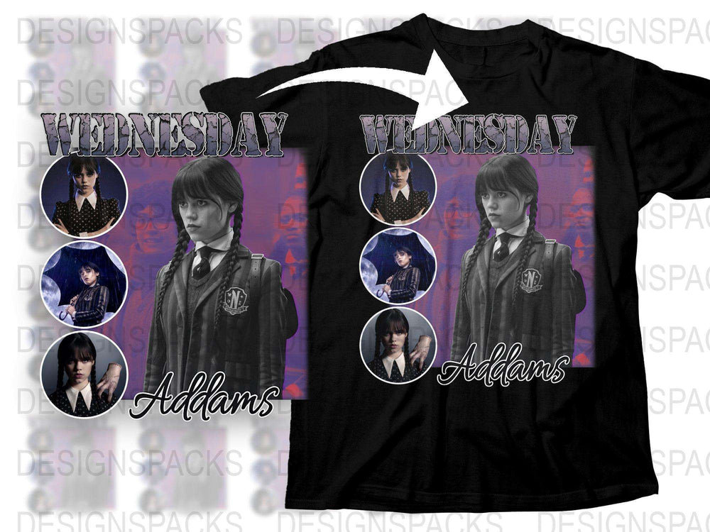 Wednesday Addams Fan T-Shirt, Vintage Graphic Tee, Gothic Style, Unisex Fashion, Multiple Poses Print, Dark Colors