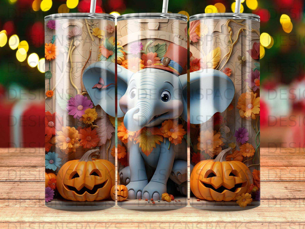 Cartoon elephant in a hat with pumpkins and autumn flowers.