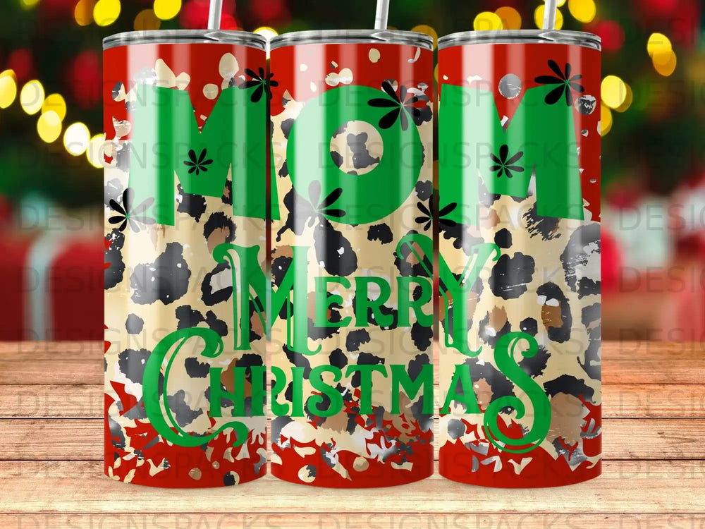 MOM MERRY CHRISTMAS tumbler with leopard print and glitter accents.