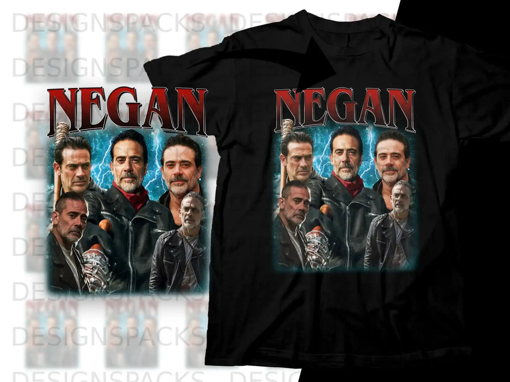 Negan's headshots on a black t-shirt, with text above.