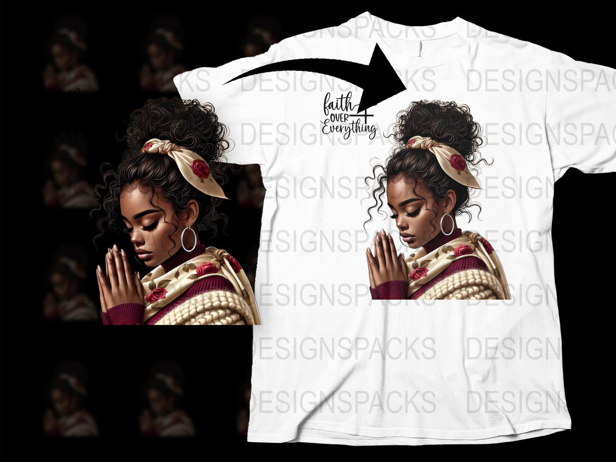 African American Woman Praying Graphic T-Shirt, Spiritual Faith-Based Tee, Inspirational Fashion Top