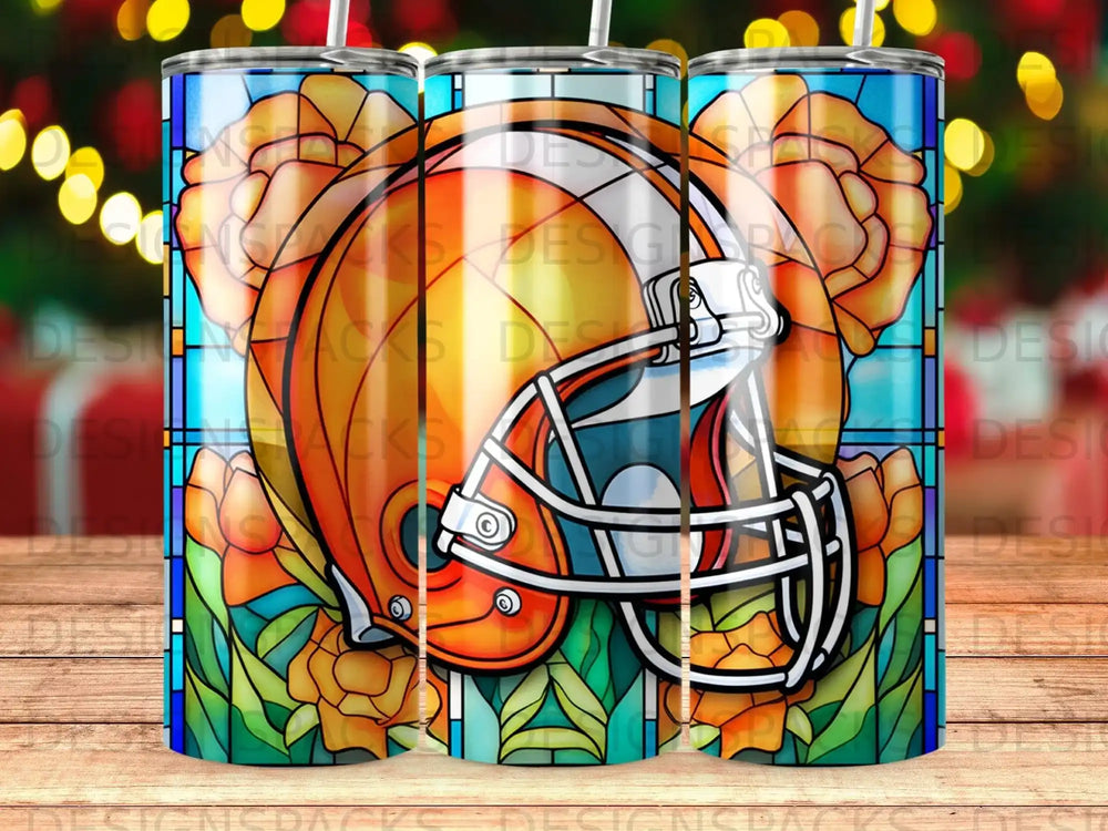 Orange football helmet with floral stained glass pattern.