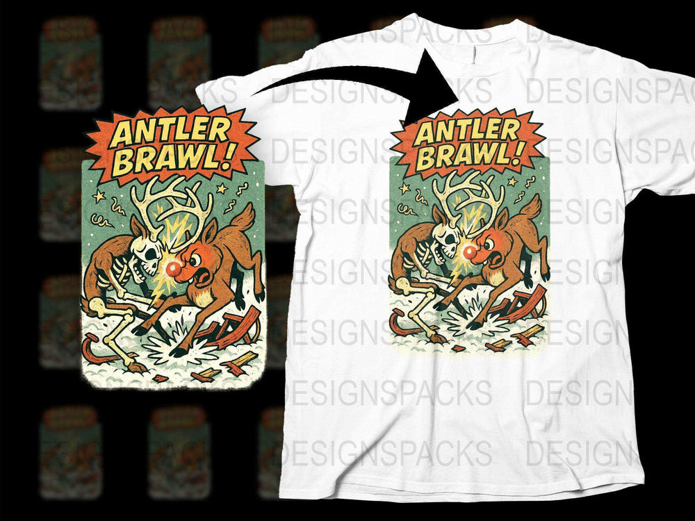 Antler Brawl Graphic T-Shirt, Vintage Comic Style Deer Fight, Retro Inspired Wildlife Tee, Unique Gift for Nature Lovers