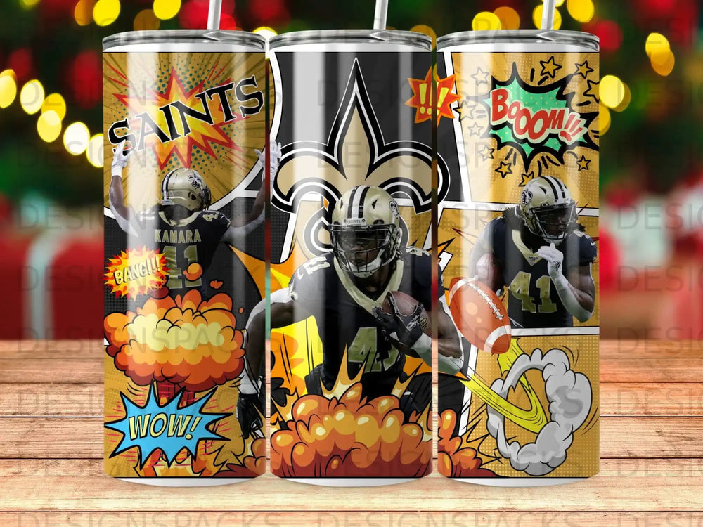 New Orleans Saints tumbler with comic book style graphics and player imagery.