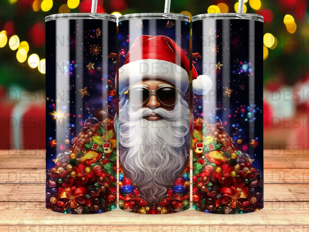 Santa Claus wearing sunglasses surrounded by festive ornaments and gifts.