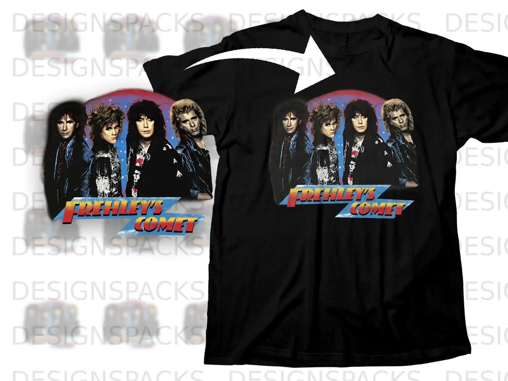 Black t-shirt with graphic of KISS members and "FREHLEY'S COMET" logo.