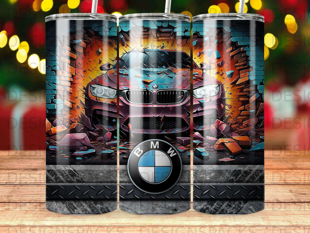 BMW M series car bursting through brick wall on a tumbler.